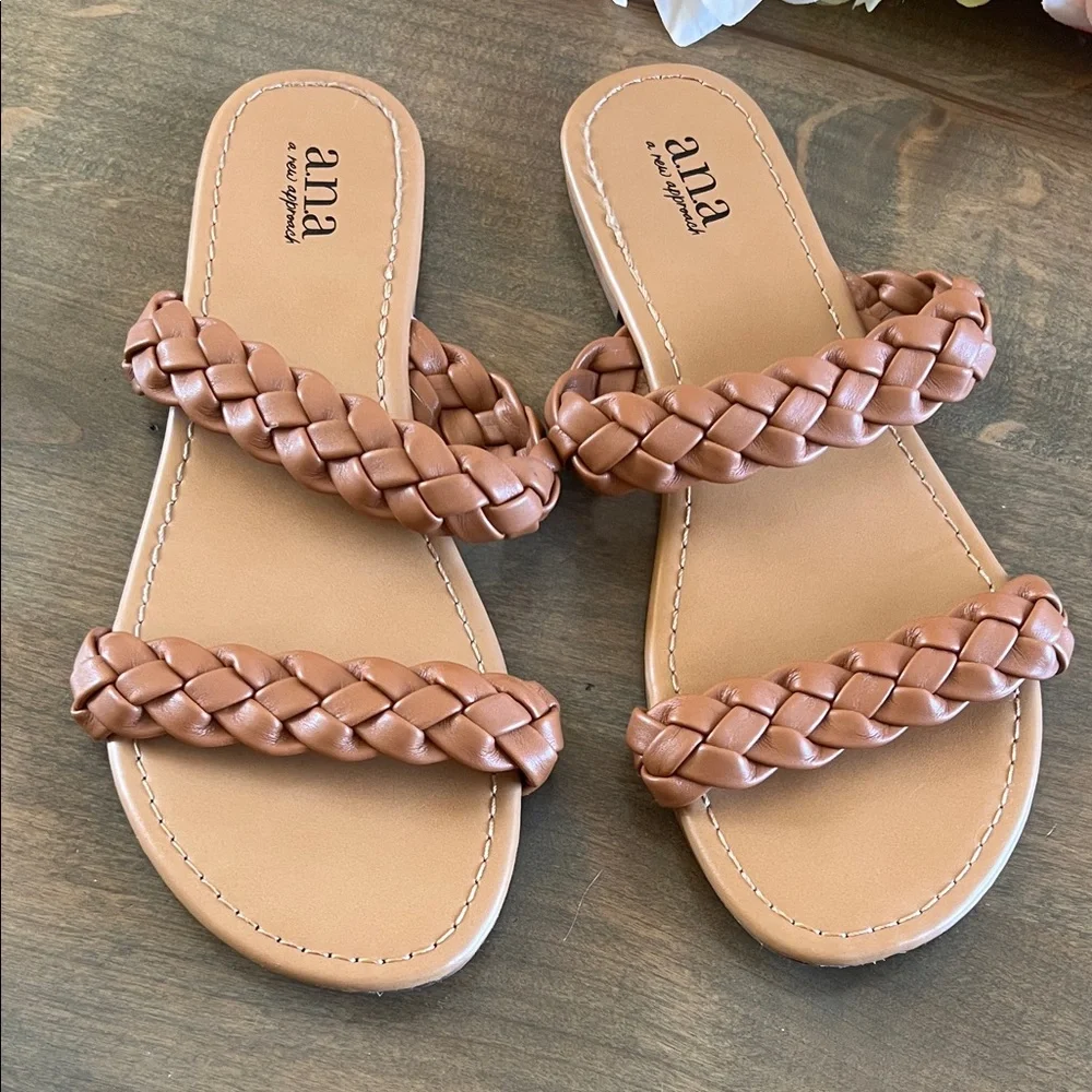 a.n.a Braided Double-Strap Slide Sandals in Cognac Brown